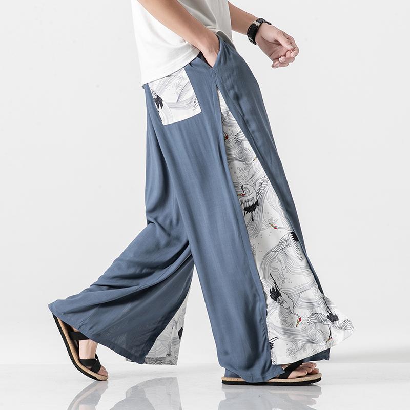 Retro Chinese Men's Casual Long Pants Wide Leg Spring Summer Ice Silk Trousers L3