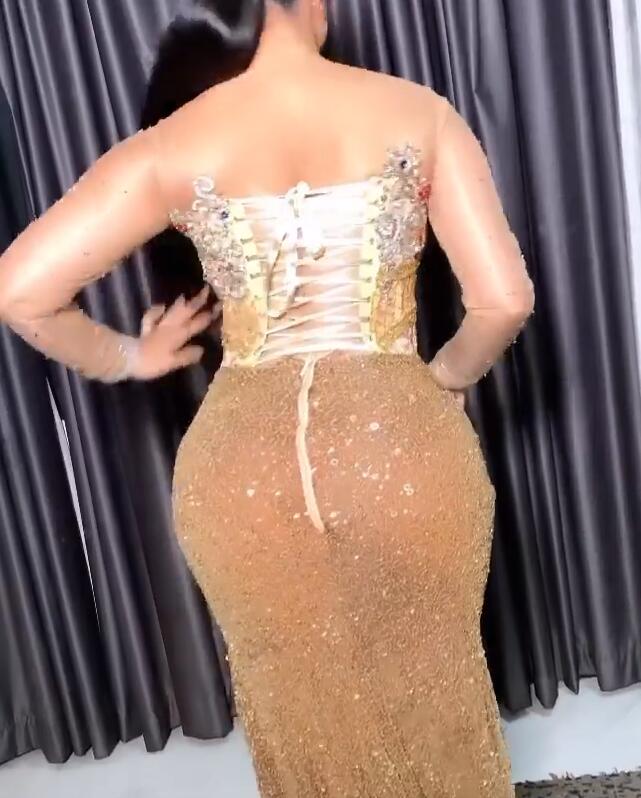 Plus Size Arabic Aso Ebi Luxurious Mermaid Gold Prom Dresses Beaded Crystals Sheer Neck Evening Formal Party Second Reception Gowns Dress ZJ606