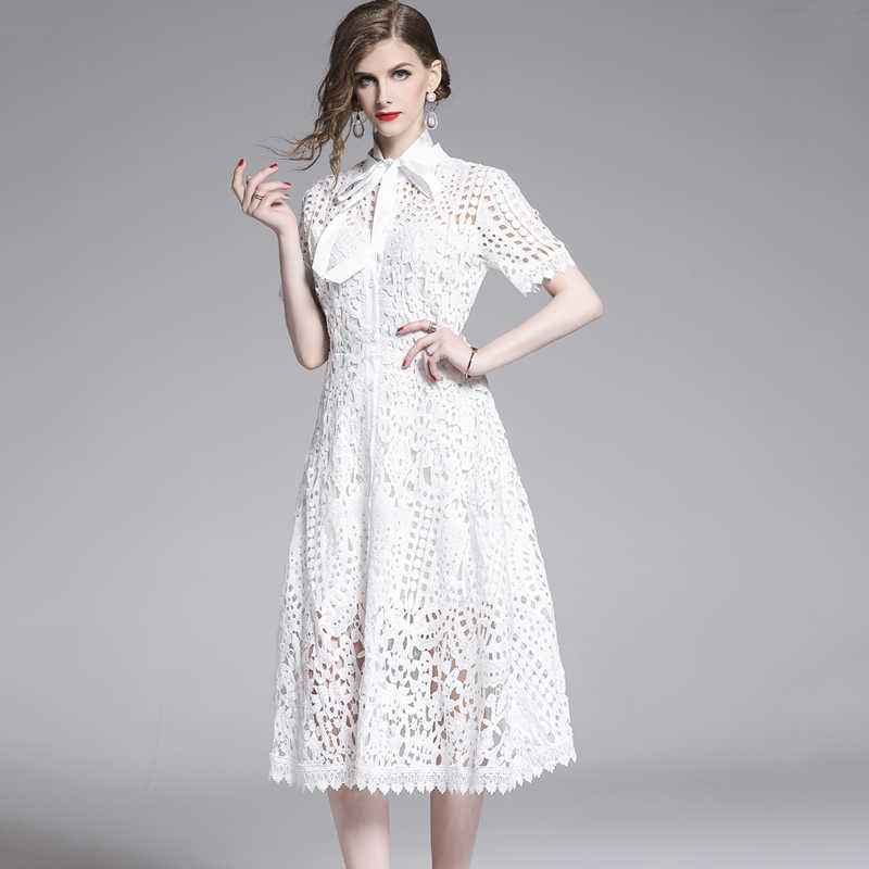 LY VAREY LIN Elegant Party Dress Lace Hollow Out Stand Collar Short Sleeve Single Breasted Black High Waist Mid-calf 210526