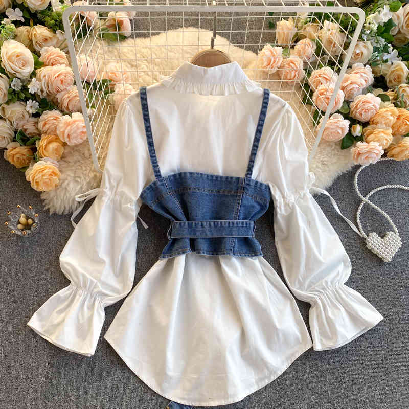 Nomikuma Korean Elegant Women 2piece Blouse Sets Tie Puff Sleeve Ruffle Turn-down Collar Blouse + Sashes Slim Demin Vest 6D904 210427