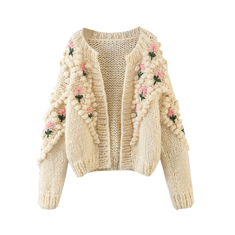 High Quality Heavy Handmade Crochet Knitted Cardigan Purple O Neck Puff Sleeve Sweater Jacket Embroidery Jacquard Jumpers Korea 210429