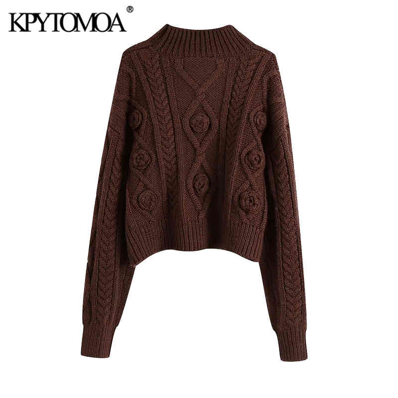 Women Fashion With Flowers Cropped Cable-knit Sweater High Neck Long Sleeve Female Pullovers Chic Tops 210420