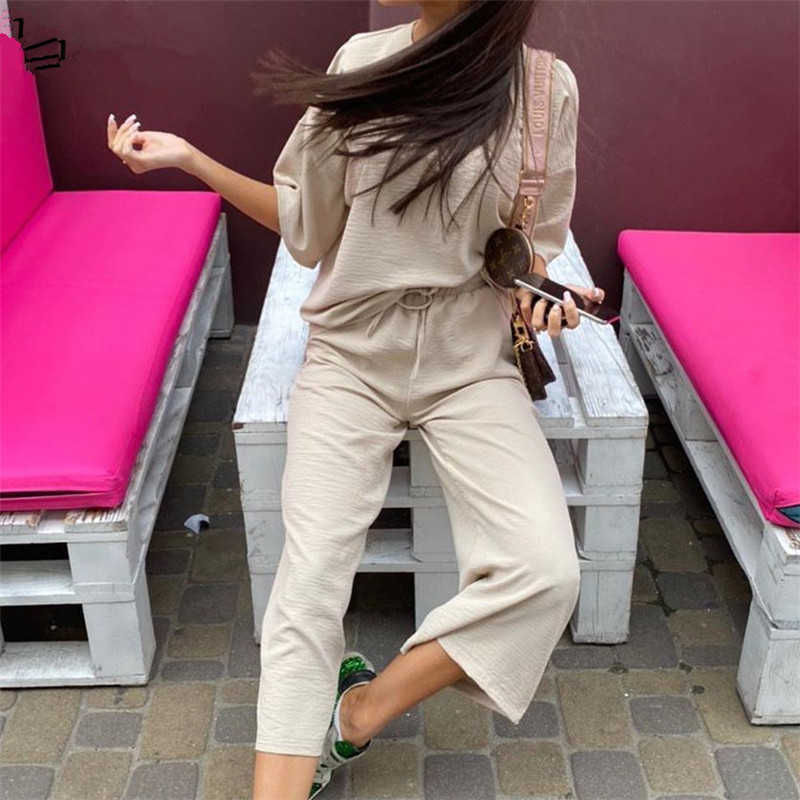 Sexy Fashion Khaki Women's Set Summer Casual Two Piece Set Short Sleeve Tops Shirt And Loose Beach Pants Set Bottom Suit Outfits 210707