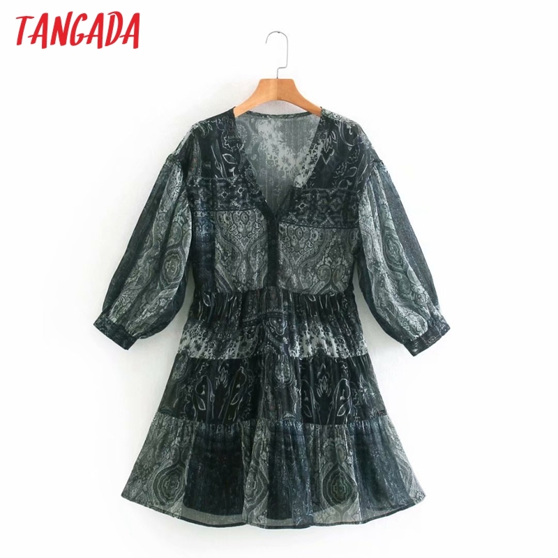 Women Vintage Paisley Print Chiffon V Neck Long Sleeve Ladies Loose Mini Dress Vestidos XN294 210416