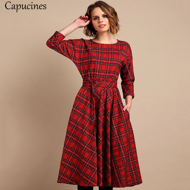 Classic England Style Red Plaid Dress Women Autumn 3/4 Sleeves O-Neck Sashes A-Line Casual Dress Vintage Midi Party Dresses
Classic England Style Red Plaid Dress Women Autumn 3/4 Sleeves O-Neck Sashes A-Line Casual Dress Vintage Midi Party Dresses