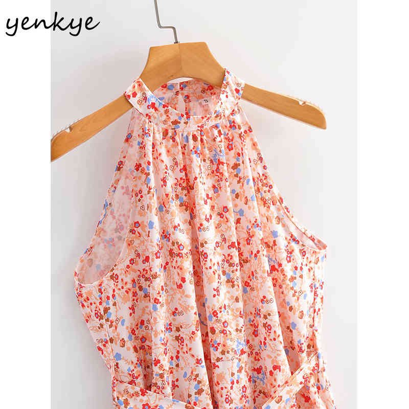 YENKYE Floral Print Halter Dress Women Sleeveless Free Belt Holiday Summer Beach Dress Female A-line Midi Casual Vestido 210515