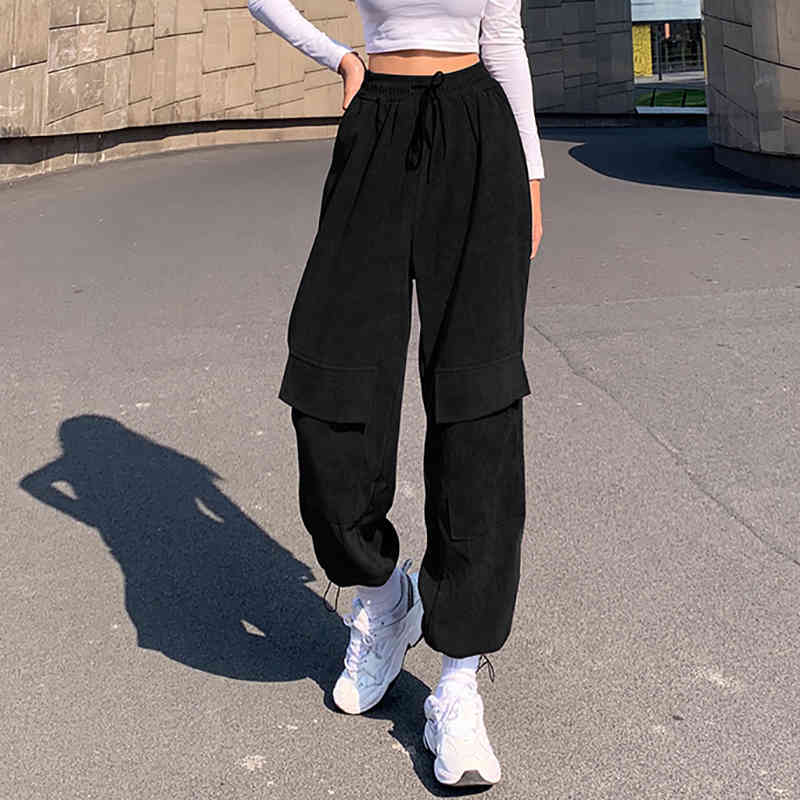 Corduroy Trousers Women's Spring Fashion High Waist Drawstring Large Pocket Casual Straight Pants Female 210427