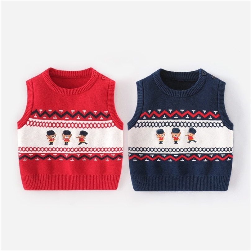 Toddler Boy Soldier Knitted Vest Tops Baby Cartoon Knitwear Children Embroidery Bear Sleeveless Knit Sweater Fall Winter Clothes 211104