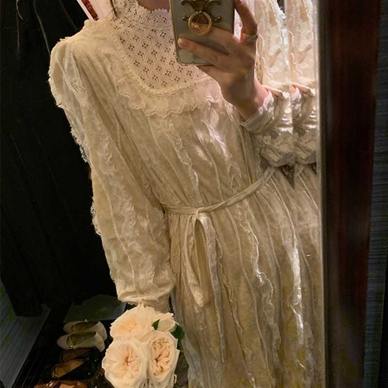 Yedinas Vintage Lace Long Dress Women Stand Collar Vestidos With Belt Ladies Diamond Velvet Dresses Spun Yarn Elegant Robe Femme 210527