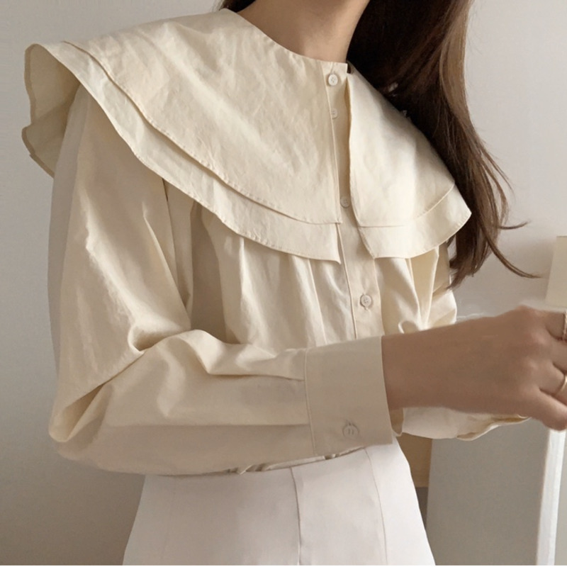 Spring Single Breasted Women's Blouse Long Sleeve Double Peter Pan Collar Pleated Shirt Female 210427