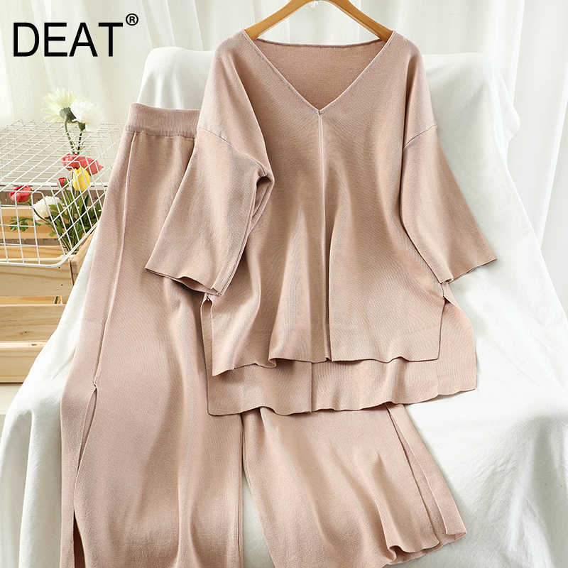 DEAT Women Asymmetrical V-neck T-shirt Long Pants Arrivals Two Piece Set Temperament Fashion Spring Summer 11D821 210709