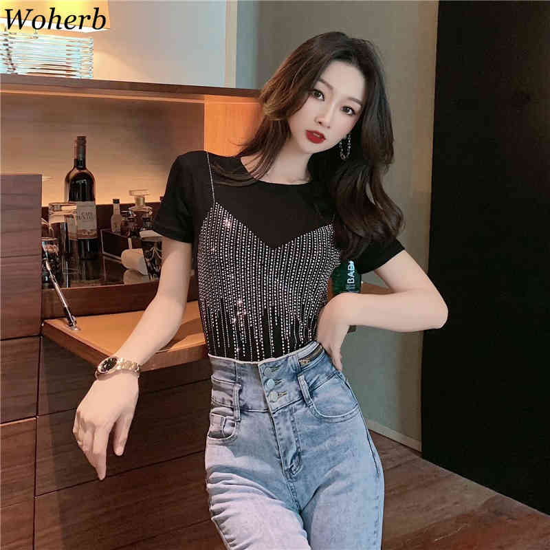 Diamond Short-sleeved T-shirt Summer Fashion Slim Fit O Neck Pullover Tees Shirts Korean Casual Loose Basic Tops 210519