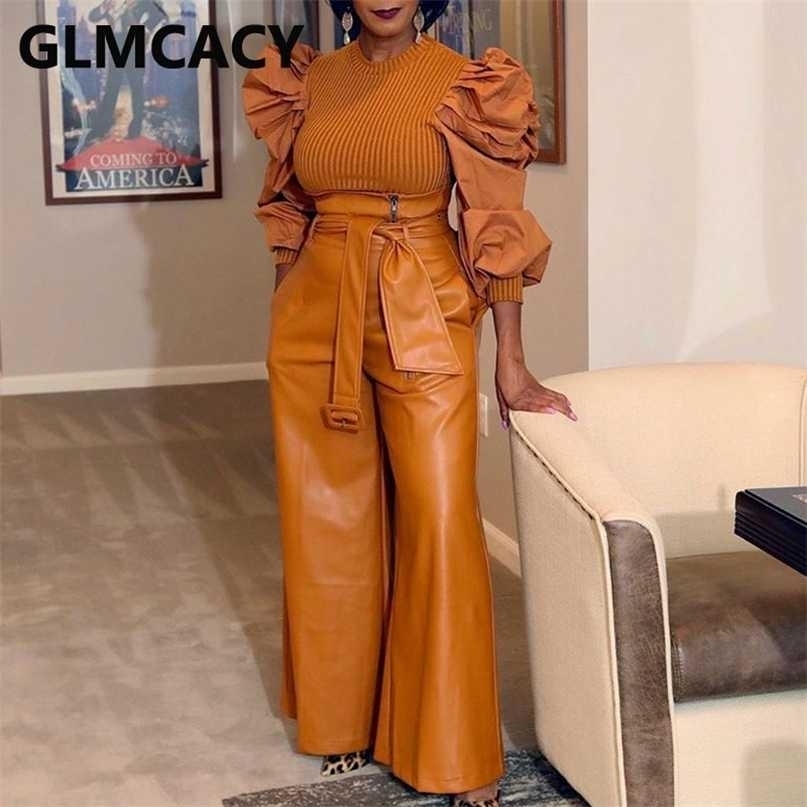 Women High Waist PU Leather Pants Classy Wide Leg Trousers 211115