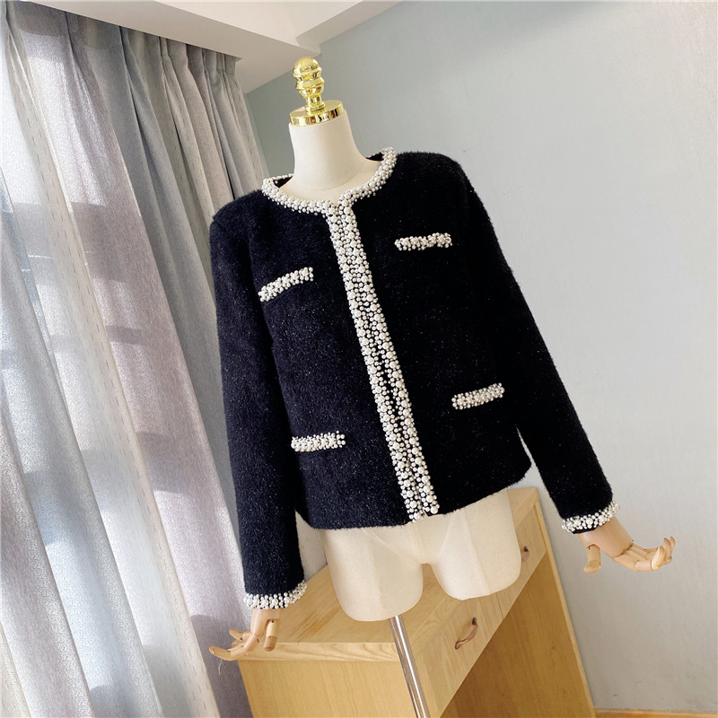 Autumnr Fashion design womens o-neck beading faux mohair wool warm lurex patchwork luxury slim waist coat jacket SML