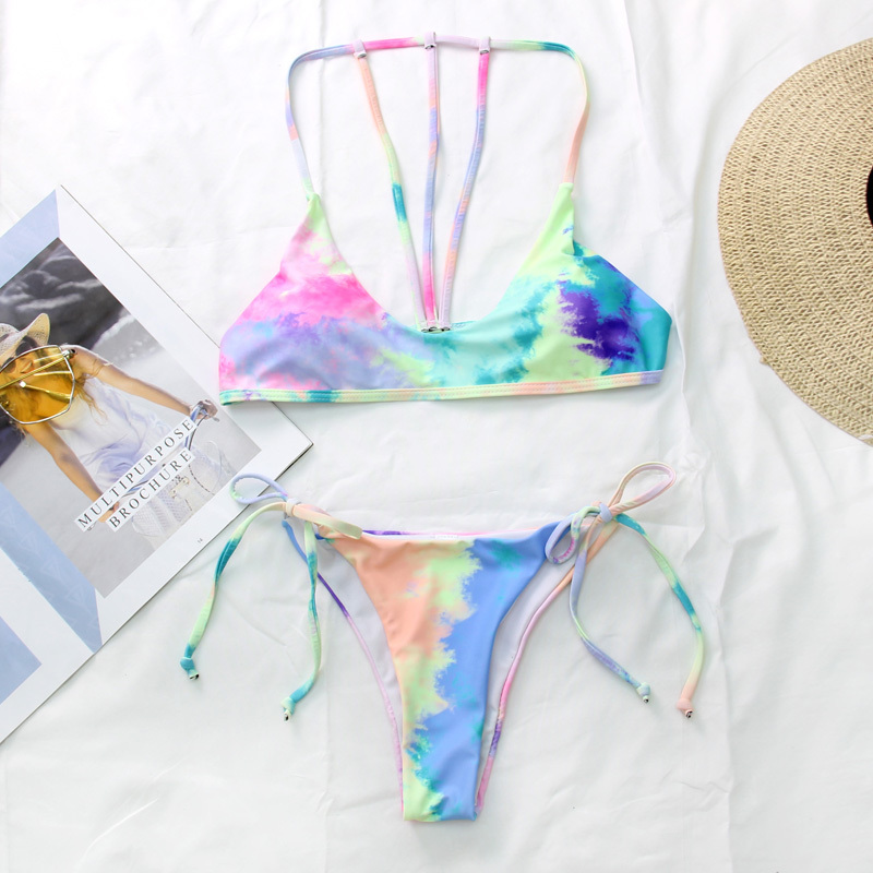 Women Tie Dye Bikini Set Sexy Micro Bandage Swimwear Low Waist Bathing Suit High Cut Swimsuit Halter Top Beachwear Biquini 210520