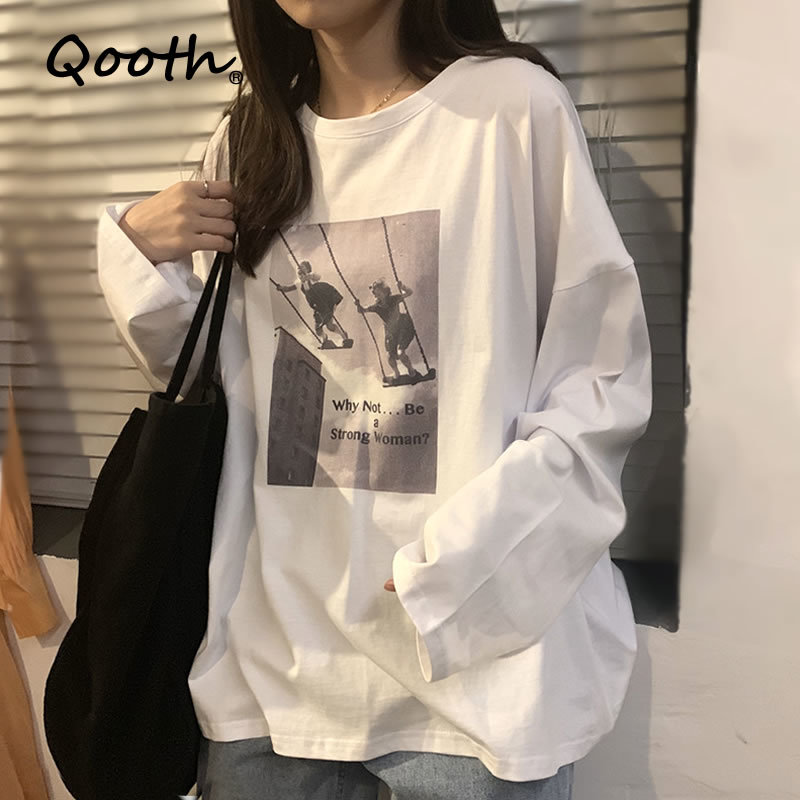 Qooth Oversized White Long Sleeve T-shirt Spring Autumn Loose O-Neck All Match T-shirt Womens Causal Straight Tops QT630 210518
Qooth Oversized White Long Sleeve T-shirt Spring Autumn Loose O-Neck All Match T-shirt Womens Causal Straight Tops QT630 210518