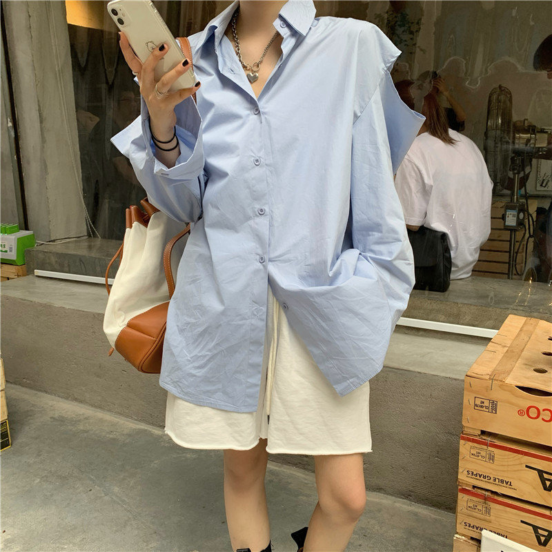 OL Hole All Match Women Blouses Brief Minimalist Full Sleeves Casual Lady Loose Sunscreen Stylish Summer Shirts 210421