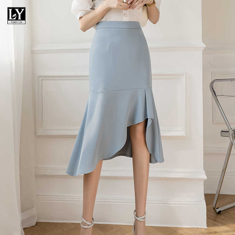 LY VAREY LIN Summer Women Casual Ruffles Asymmetrical Ladies Skirt High Waist Solid Color Black Knee-length Female Skirts 210526