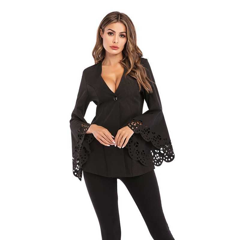 Sexy Stylish All Matched Black Shirt Women's Deep V-neck Long Sleeve Hollow Pattern Front One Button Blouse Blusas Mujer 10302 210528