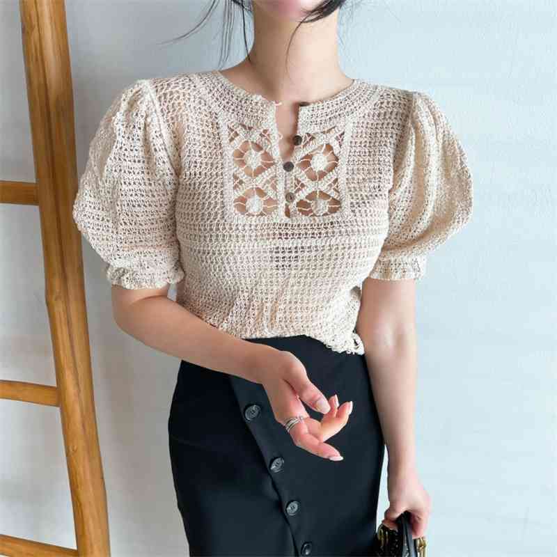 Summer Knitted Hollow Thin Sweaters Tops Women Short Puff Sleeve V-neck Casual Fashion Korean Elegant Ladies Pullovers 210519