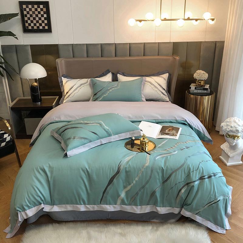 Papa&Mima Brief Marble Print Bedding Set Satin Egyptian Cotton Duvet Cover Queen King Size Linens Sheet Pillowcases Sets