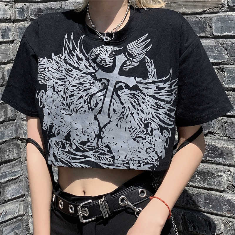 Gothic Stijl Crop Top Harajuku Grafische T-shirt Voor Vrouwen Ulzzang Tshirt Zomer Tee Short Goth Kleding Korte Mouw album y2k X0628