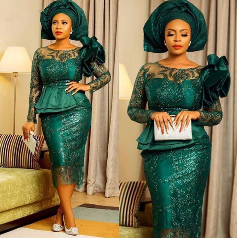 2021 Sexy Dark Green Arabic Plus Size Mother Of The Bride Dresses Tea Length Sequined Lace Jewel Neck Illusion Long SleevesPeplum Evening Gowns Weddin