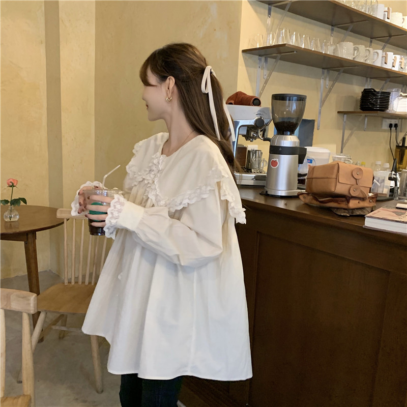 Nomikuma Women Doll Shirt Korean Sweet Lace Patchwork Peter Pan Collar Blouse Autumn Long Sleeve Causal Blusas Mujer 6D349 210427