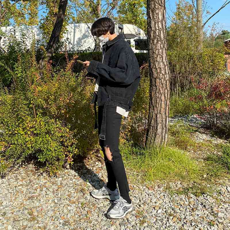 IEFB Spring Loose Jeans Jacket Men's Korean Fashion Casual Vintage Denim Coat Single Breast Off Shoulder Clothes 9Y5919 210524