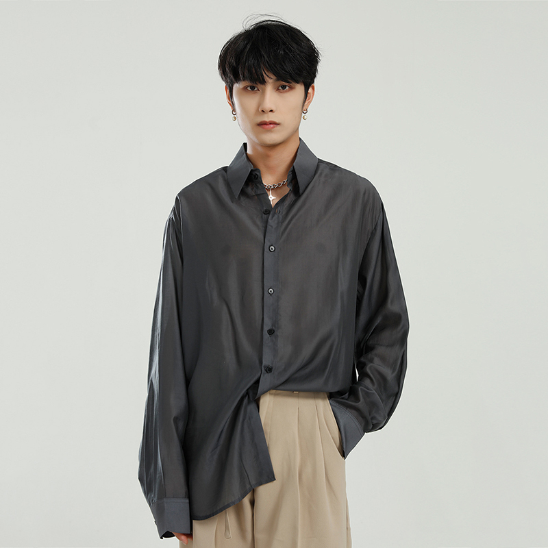 IEFB Korean Trendy Spring Long Sleeve Men's Shirts Fashion Pure Color Streetwear Oversize Lightweight See-through Tops 210524