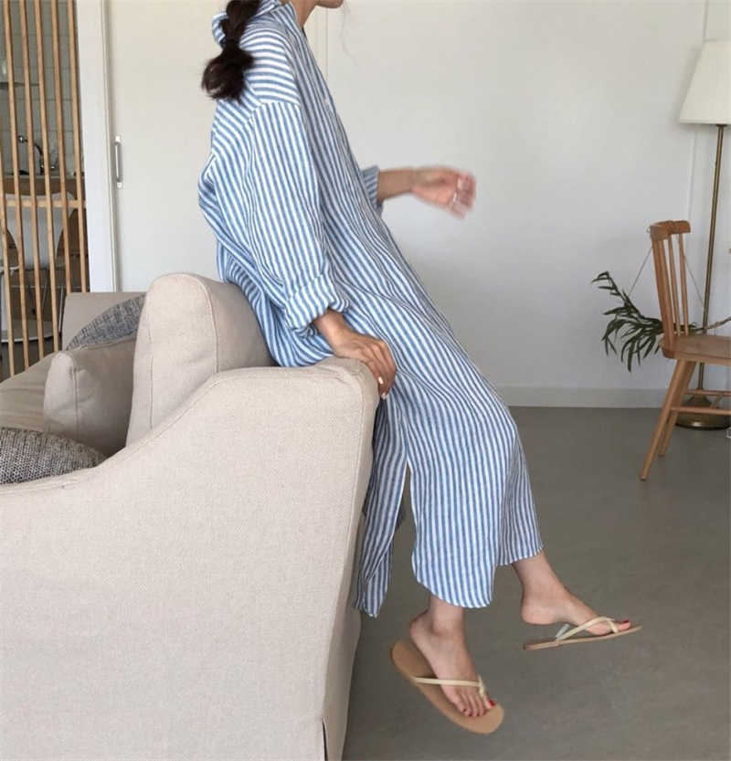 Summer Striped Shirt Lapel Lace-Up Casual Cotton En Dress | Dr2268