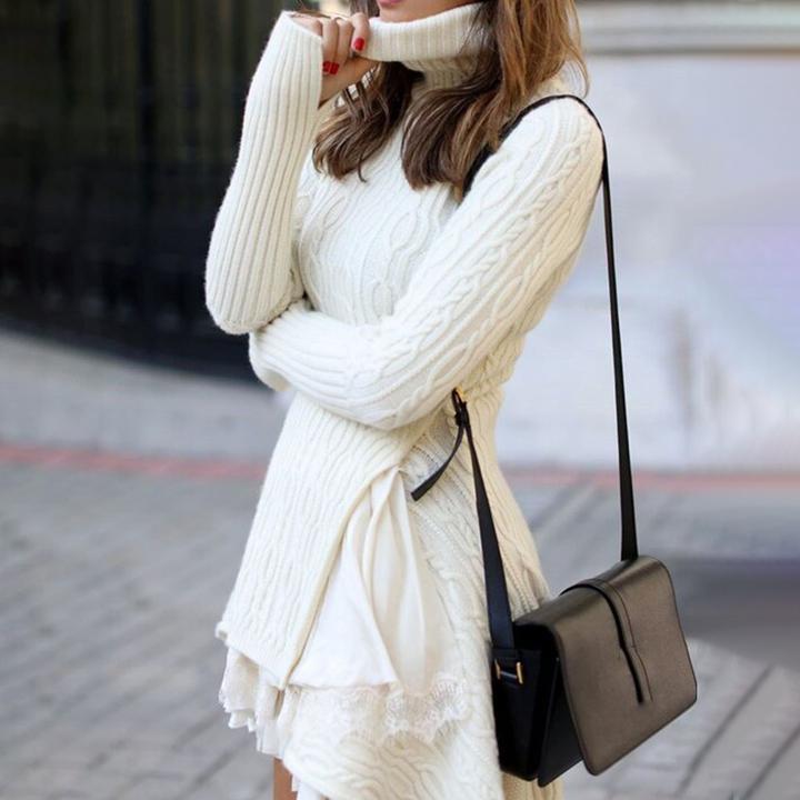 Women Dress Knitted Turtleneck Sweater Dresses Irregular Hem Long Sleeve Slim Thin Winter 210524
