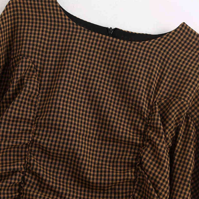 Vintage Woman Plaid Pleated Stretchy Slim Mini Dresses Spring Fashion Ladies Lantern Sleeve Female Elegant 210515