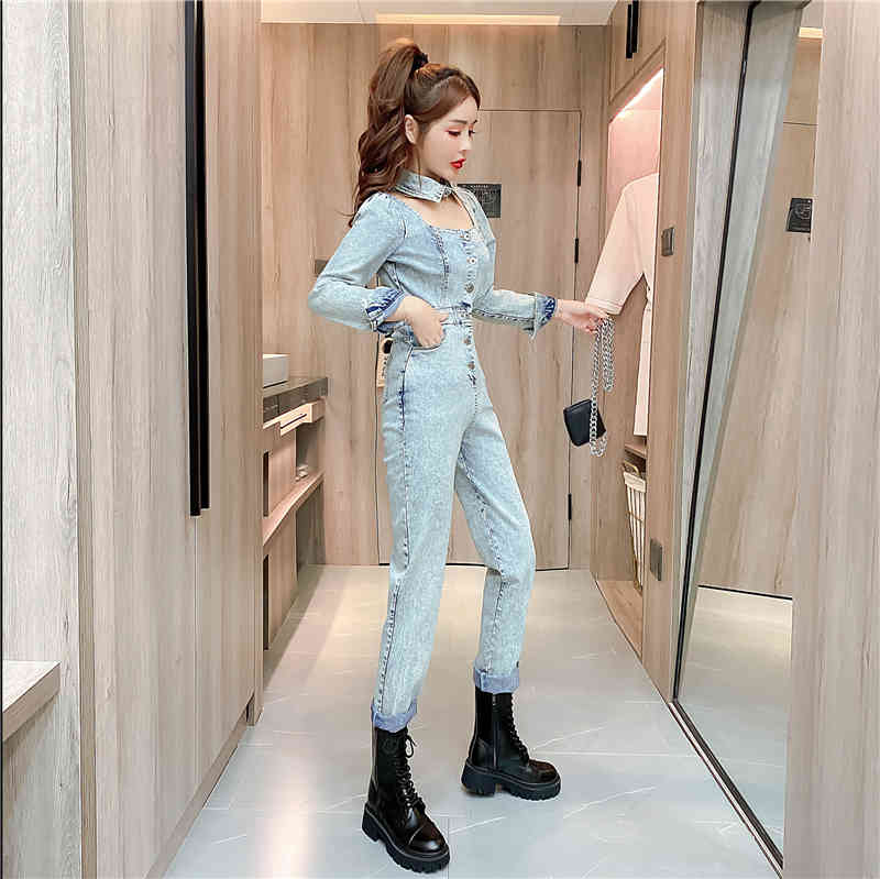 Spring Women Elegant Office OL Jumpsuit Retro Denim Long Sleeve Slim Hollow Square Collar Rompers Ladies Sexy Bodysuit 210519
