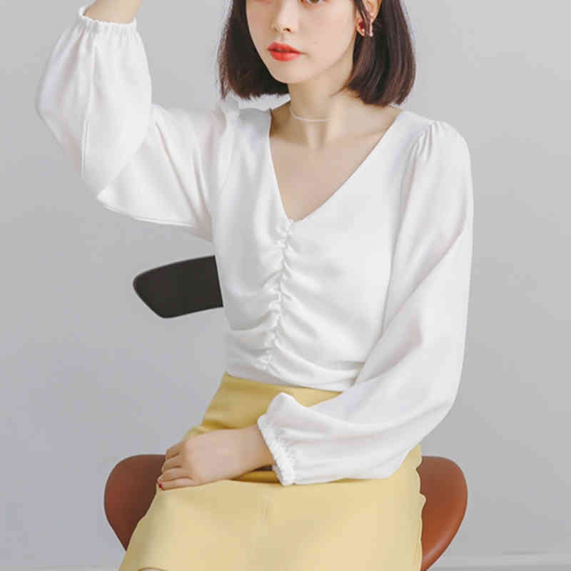 Chic Pleated Cute Blouses Sweet Slim Loose Korean Style Feminine Women Elegant Fashion Gentle Shirts 210421