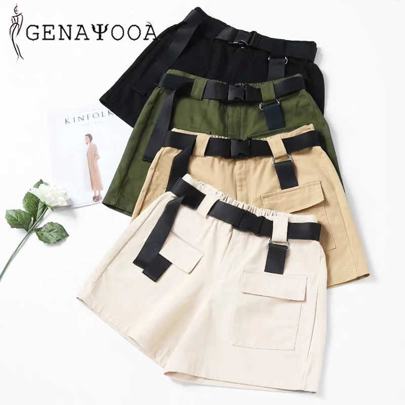 Genayooa Streetwear Shorts Women Fitness Korean Summer Woman High Waist Wide Leg Cargo Women's Shorts Feminino Pocket 210625