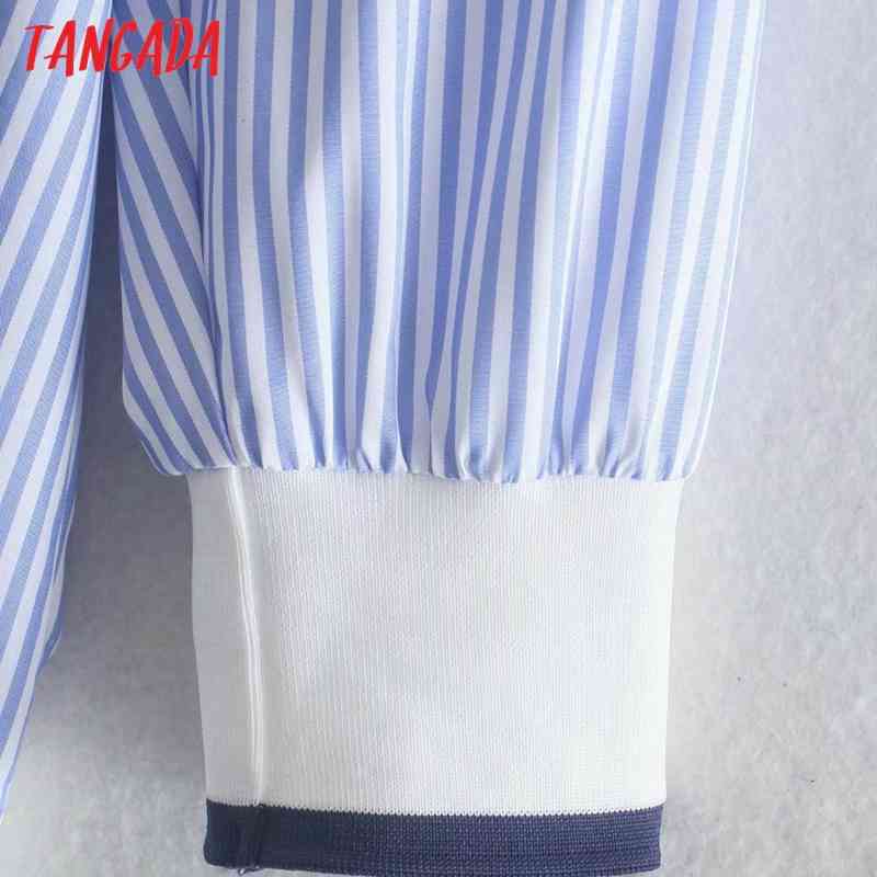 Women Blue Striped Shirts Long Sleeve Turn Down Collar Elegant Office Ladies Work Wear Blouses XN304 210416