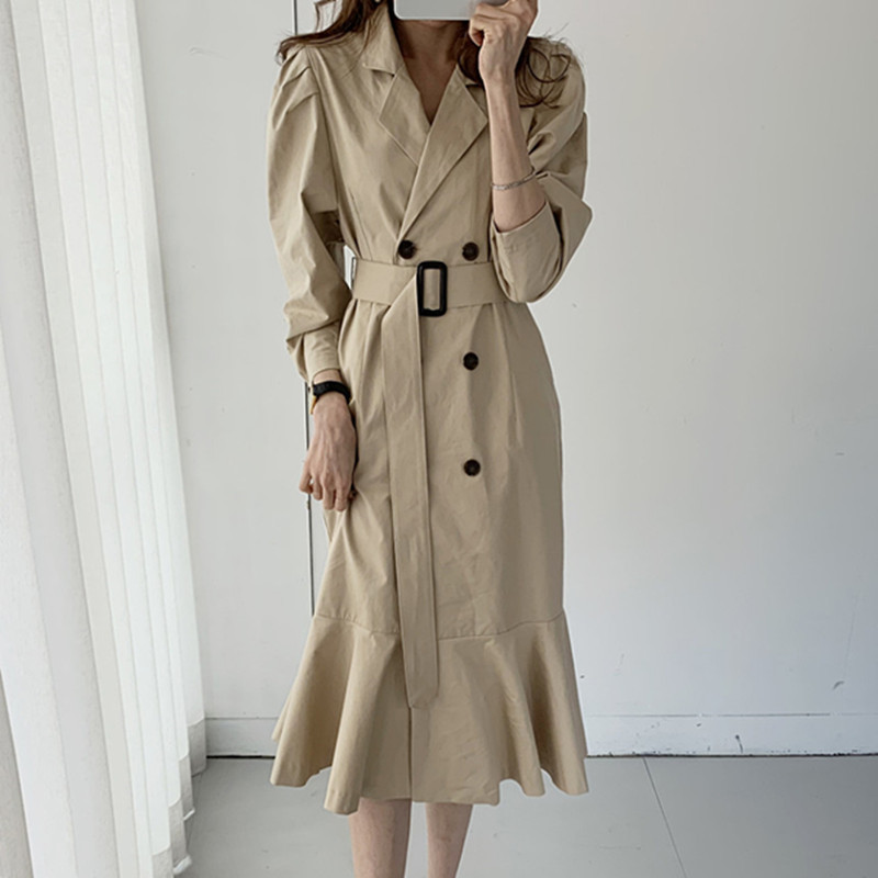 Minimalist Double-breasted Puff Sleeve Mermaid Trench Coat Elegant OL Outwear Autumn Lace-up Lapel Windbreaker 210421