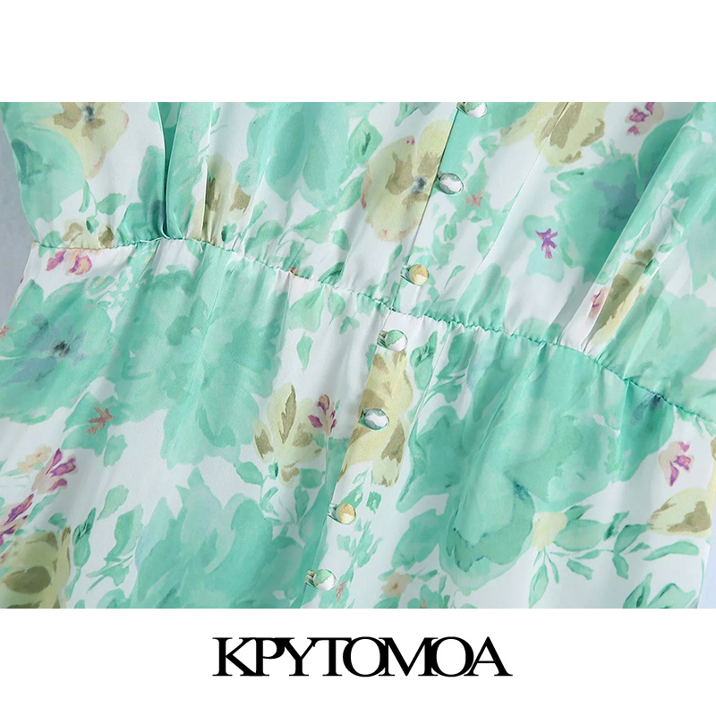 Women Chic Fashion With Covered Buttons Floral Print Midi Dress Backless Thin Straps Female Dresses Mujer 210420