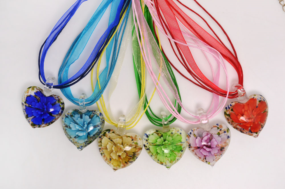 Charm Heart Shape Art Murano Lampwork Glass Pendant Necklace Flowers Inside for Women Girls Summer Jewelry Gifts