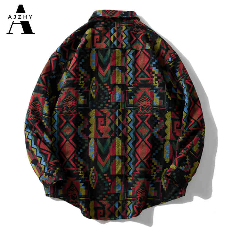 AJZHY Button Up Shirt Long Sleeve Thick Vintage Oversize Hip Hop Casual Fashion Knitted National Style Winter Warm Men Clothing 210410