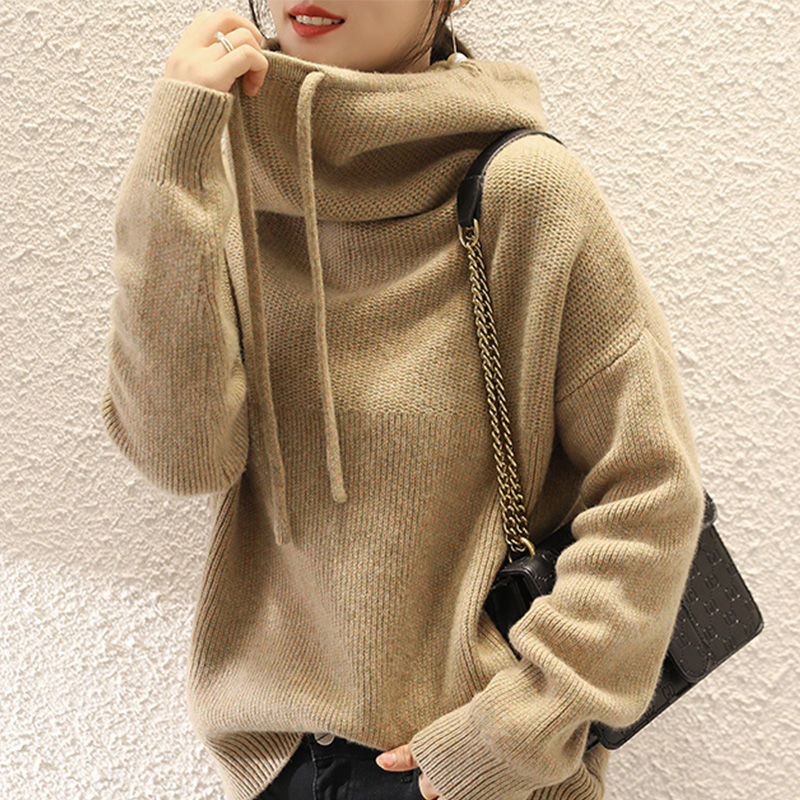Nomikuma Korean Drawstring Hooded Women Sweater Causal Long Sleeve Plus Size Knitwear Autumn Winter Knit Pull Femme 6D549 210427