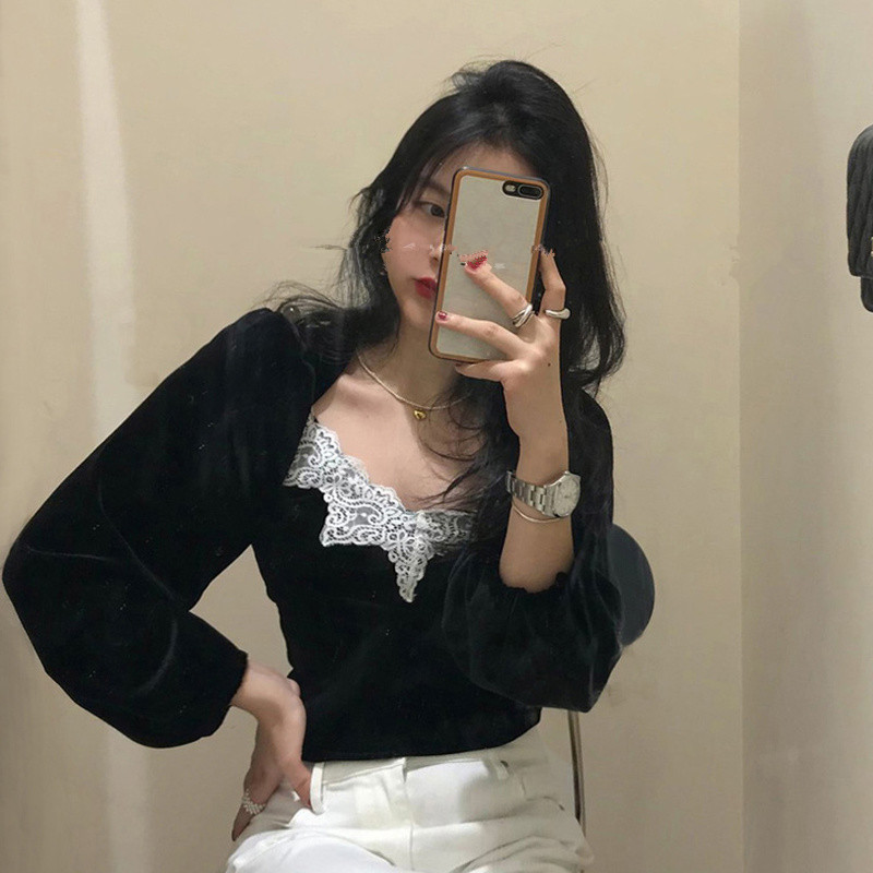 Nomikuma Vintage Lace Patchwork Square Collar Women Blouse Puff Long Sleeve Slim Blusa Top Spring New Pullover Shirt 6E388 210427