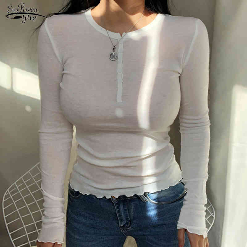 White Feminina Thin Sexy Shirts Women Korean Autumn V-collar Joker Solid Blouse Button Slim Fit Tops Blusas 6884 50 210508