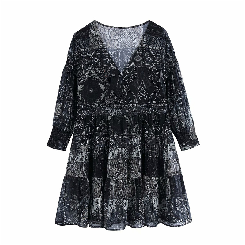 Vintage Woman Black Ruffles Seethrough Chiffon Mini Dress Spring Fashion Ladies V Neck Dresses Female Print 210515