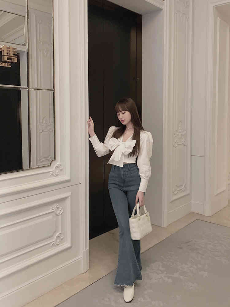 Nomikuma Korean Sweet Bow Tie Short Blouse Puff Long Sleeve V-neck Women Shirts Autumn New Slim Waist Blusas Mujer 6C808 210427