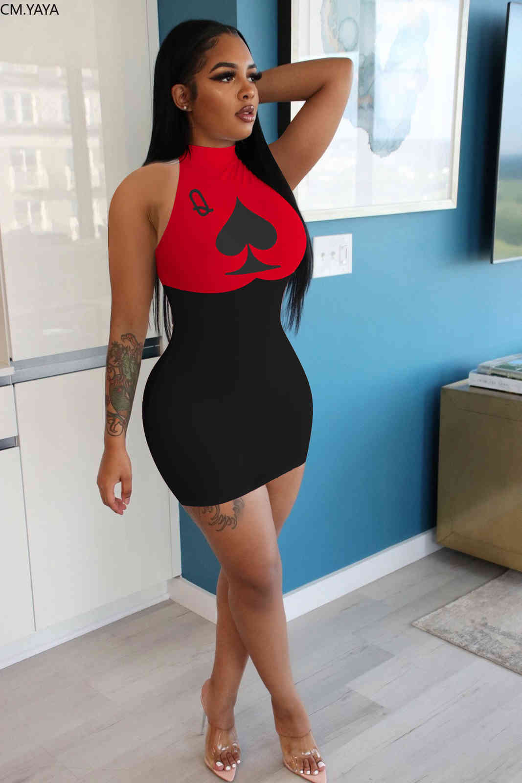 CM.YAYA Women Summer Black Queen Poker Card Print Sleeveless Bodycon Midi MiniDress Sexy Party Club Bandage Streetwear Dresses 210331