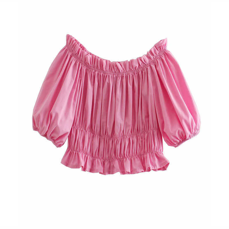 ZA Pink Elastic Cropped Summer Blouse Women Short Puff Sleeve Off Shoulder Sexy Top Woman Chic Pleated Smocked Blouses 210602