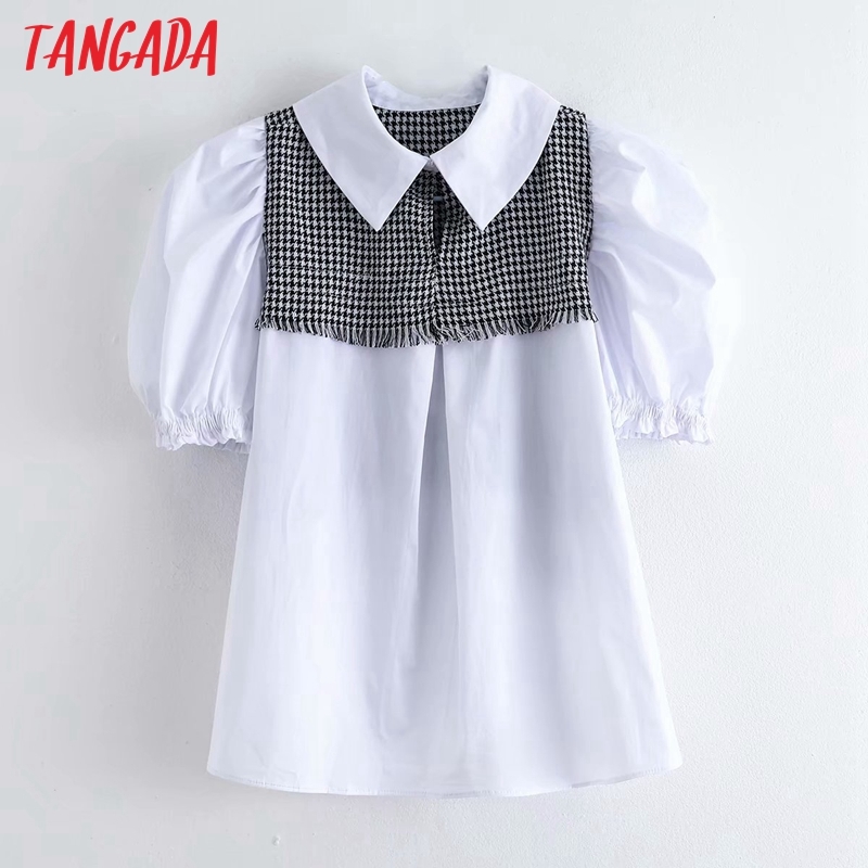 Women Retro Tweed Patchwork Puff Short Sleeve Chic Female Blouse Shirt Tops 6H15 210416
