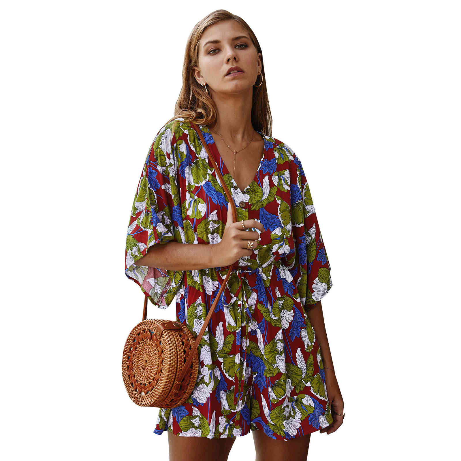 women summer Rompers&Playsuits Florals Print Short Sleeves Straight High Waist Loose Women's playSuit bohe beach wearing 210524